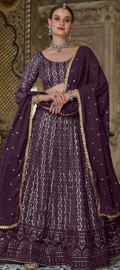 Bridal, Wedding Purple and Violet color Lehenga in Georgette fabric with A Line Embroidered, Sequence, Thread work : 1790314