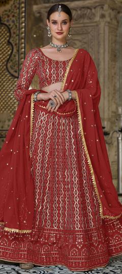 Bridal, Wedding Red and Maroon color Lehenga in Georgette fabric with A Line Embroidered, Sequence, Thread work : 1790315