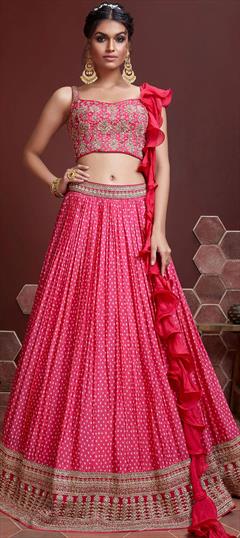 Mehendi Sangeet, Reception Pink and Majenta color Lehenga in Chiffon fabric with A Line Digital Print, Embroidered, Sequence work : 1790321
