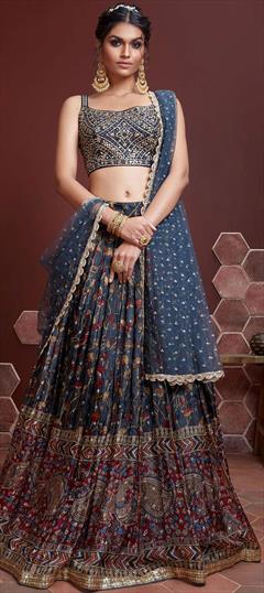 Mehendi Sangeet, Reception Blue color Lehenga in Chiffon fabric with A Line Digital Print, Embroidered, Sequence work : 1790323