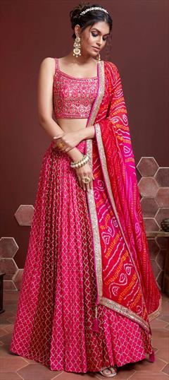 Mehendi Sangeet, Reception Pink and Majenta color Lehenga in Chiffon fabric with A Line Embroidered, Sequence, Thread work : 1790327