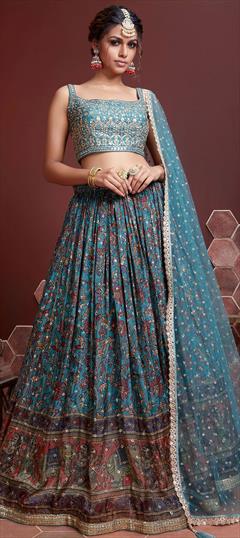 Mehendi Sangeet, Reception Blue color Lehenga in Chiffon fabric with A Line Digital Print, Embroidered, Sequence work : 1790328