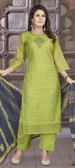Festive, Party Wear Green color Salwar Kameez in Chanderi Silk fabric with A Line Embroidered, Mirror, Resham, Sequence work : 1790429
