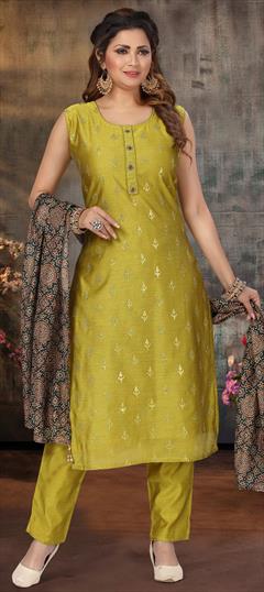 Festive, Party Wear Green color Salwar Kameez in Chanderi Silk fabric with A Line Resham, Sequence, Thread work : 1790431