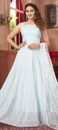 Party Wear, Wedding Blue color Salwar Kameez in Faux Georgette fabric with A Line Resham, Sequence, Thread work : 1790692