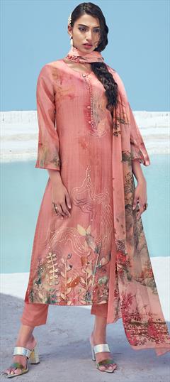 Festive, Party Wear Pink and Majenta color Salwar Kameez in Cotton fabric with Straight Digital Print, Floral, Mirror work : 1790697
