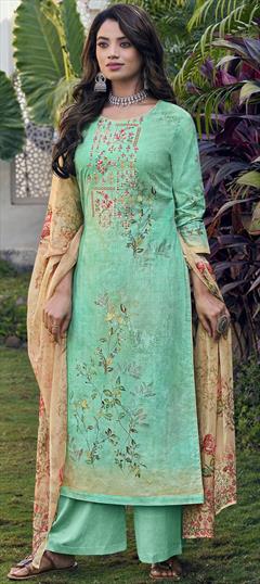 Festive, Party Wear Green color Salwar Kameez in Cotton fabric with Palazzo Digital Print, Resham, Thread work : 1790722