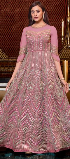 Engagement, Festive, Mehendi Sangeet Pink and Majenta color Salwar Kameez in Net fabric with Anarkali Embroidered, Resham, Sequence, Thread, Zari work : 1791074