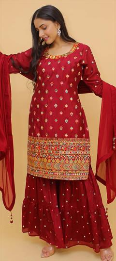 Party Wear Red and Maroon color Salwar Kameez in Georgette fabric with Sharara Foil Print, Sequence, Thread work : 1791089