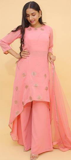 Party Wear Pink and Majenta color Salwar Kameez in Georgette fabric with Asymmetrical, Palazzo Printed, Swarovski work : 1791098