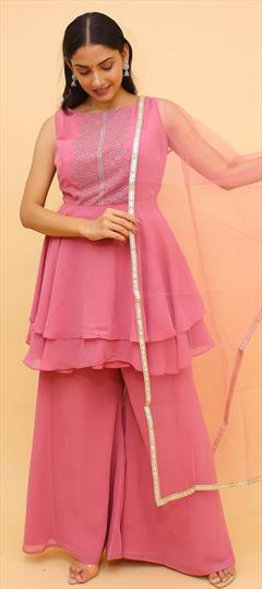 Party Wear Pink and Majenta color Salwar Kameez in Georgette fabric with Palazzo Swarovski work : 1791102