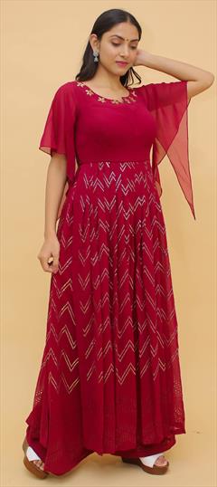 Party Wear Red and Maroon color Kurti in Georgette fabric with A Line Mukesh, Printed work : 1791106