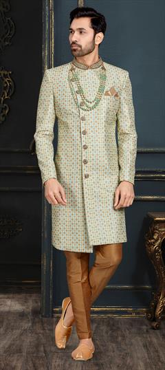 Green color Sherwani in Jacquard fabric with Embroidered, Stone, Thread work : 1791346