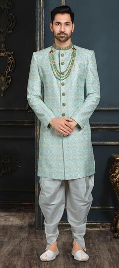 Blue color Sherwani in Jacquard fabric with Embroidered, Stone, Thread work : 1791358