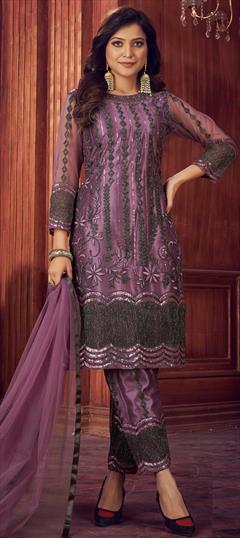 Festive, Party Wear Purple and Violet color Salwar Kameez in Net fabric with Straight Embroidered, Sequence, Thread work : 1791381