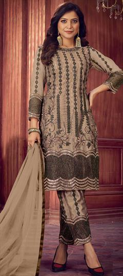 Festive, Party Wear Beige and Brown color Salwar Kameez in Net fabric with Straight Embroidered, Sequence, Thread work : 1791385