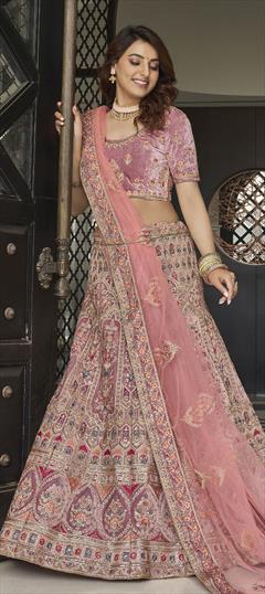 Bridal, Wedding Purple and Violet color Lehenga in Velvet fabric with A Line Embroidered, Sequence, Thread, Zari, Zircon work : 1791395