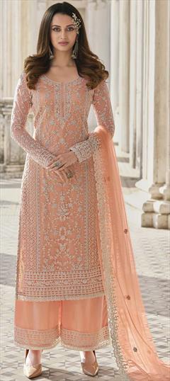 Festive, Party Wear Pink and Majenta color Salwar Kameez in Net fabric with Palazzo, Straight Cut Dana, Sequence, Thread work : 1791438