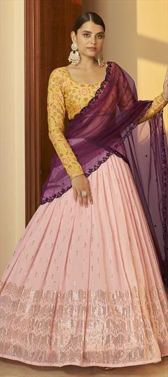 Party Wear, Wedding Pink and Majenta color Lehenga in Georgette fabric with A Line Embroidered, Mukesh work : 1791465
