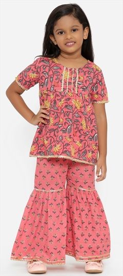 Pink and Majenta color Girls Top with Bottom in Cotton fabric with Floral, Gota Patti, Printed work : 1791508