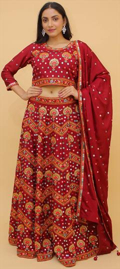 Bridal, Wedding Red and Maroon color Ready to Wear Lehenga in Chiffon fabric with A Line Foil Print, Sequence, Thread work : 1791721