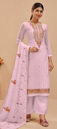Engagement, Festive, Party Wear Pink and Majenta color Salwar Kameez in Georgette fabric with Straight Embroidered, Sequence, Thread work : 1791865
