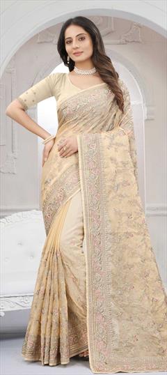 Traditional, Wedding Beige and Brown color Saree in Organza Silk, Silk fabric with South Embroidered, Resham, Stone, Thread, Zari work : 1791978