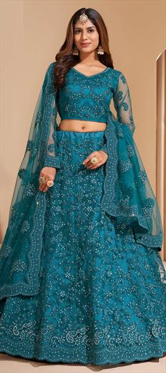 Bridal, Wedding Blue color Lehenga in Net fabric with A Line Embroidered, Resham, Stone, Thread work : 1792110