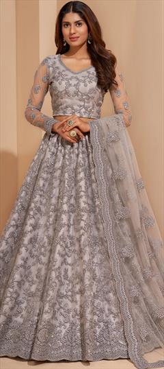 Bridal, Wedding Black and Grey color Lehenga in Net fabric with A Line Embroidered, Resham, Stone, Thread work : 1792111