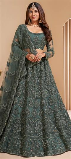 Bridal, Wedding Green color Lehenga in Net fabric with A Line Embroidered, Resham, Stone, Thread work : 1792113