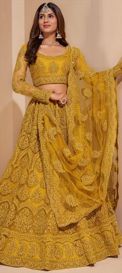 Bridal, Wedding Yellow color Lehenga in Net fabric with A Line Embroidered, Resham, Stone, Thread work : 1792115
