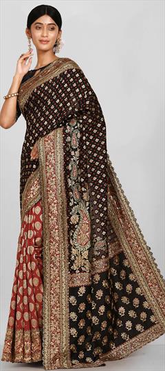 Traditional, Wedding Black and Grey, Red and Maroon color Saree in Kanchipuram Silk, Silk fabric with South Cut Dana, Embroidered, Stone, Thread, Weaving work : 1792166