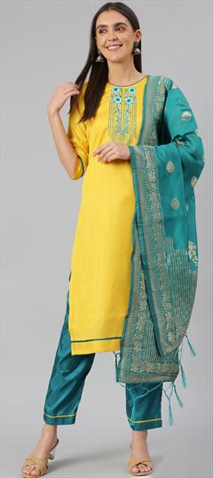 Festive, Party Wear Yellow color Salwar Kameez in Blended fabric with Straight Embroidered, Thread work : 1792242