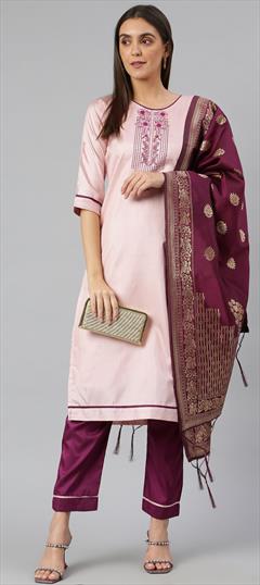 Festive, Party Wear Pink and Majenta color Salwar Kameez in Blended fabric with Straight Embroidered, Thread work : 1792244
