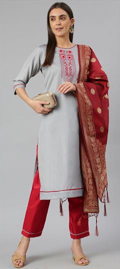 Festive, Party Wear Black and Grey color Salwar Kameez in Blended fabric with Straight Embroidered, Thread work : 1792245