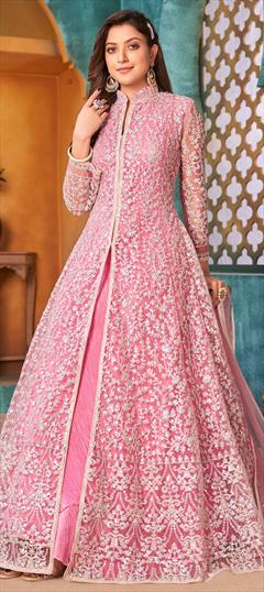 Festive, Party Wear Pink and Majenta color Salwar Kameez in Net fabric with Anarkali, Slits Sequence work : 1792536