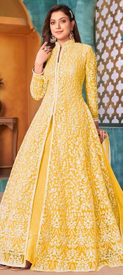 Festive, Party Wear Yellow color Salwar Kameez in Net fabric with Anarkali, Slits Sequence work : 1792537