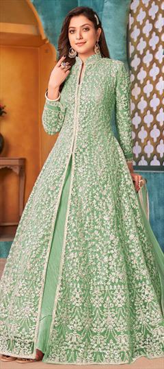 Festive, Party Wear Green color Salwar Kameez in Net fabric with Anarkali, Slits Sequence work : 1792539
