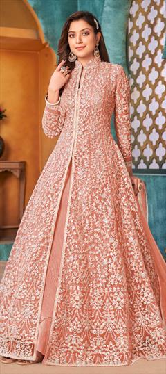 Festive, Party Wear Pink and Majenta color Salwar Kameez in Net fabric with Anarkali, Slits Sequence work : 1792542