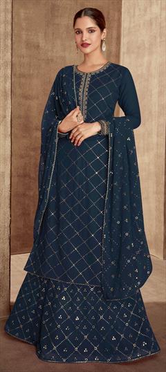 Engagement, Reception Blue color Long Lehenga Choli in Georgette fabric with Embroidered, Sequence, Thread work : 1792690