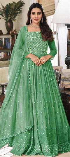Mehendi Sangeet, Party Wear, Reception Green color Salwar Kameez in Faux Georgette fabric with Anarkali Embroidered, Lace, Sequence, Thread work : 1792693