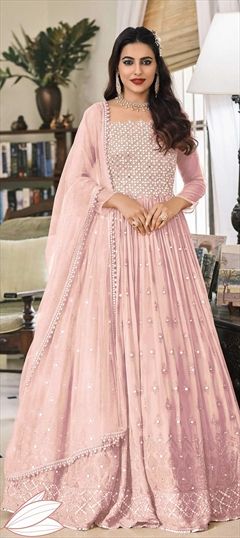 Mehendi Sangeet, Party Wear, Reception, Wedding Pink and Majenta color Salwar Kameez in Faux Georgette fabric with Anarkali Embroidered, Lace, Sequence, Thread work : 1792699