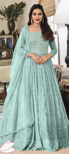 Mehendi Sangeet, Party Wear, Reception Blue color Salwar Kameez in Faux Georgette fabric with Anarkali Embroidered, Lace, Sequence, Thread work : 1792701
