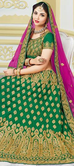 Engagement, Reception, Wedding Green color Lehenga in Art Silk fabric with A Line Embroidered, Mirror, Thread, Zari work : 1792724