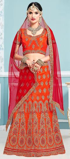 Engagement, Reception, Wedding Orange color Lehenga in Art Silk fabric with A Line Embroidered, Thread, Zari work : 1792732