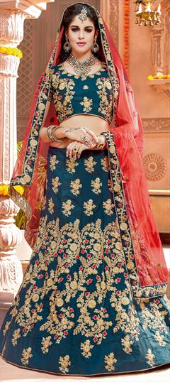 Engagement, Reception, Wedding Blue color Lehenga in Art Silk fabric with A Line Embroidered, Resham, Thread, Zari work : 1792733