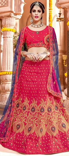 Engagement, Reception, Wedding Red and Maroon color Lehenga in Art Silk, Silk fabric with A Line Embroidered, Resham, Stone, Thread, Zari work : 1792734