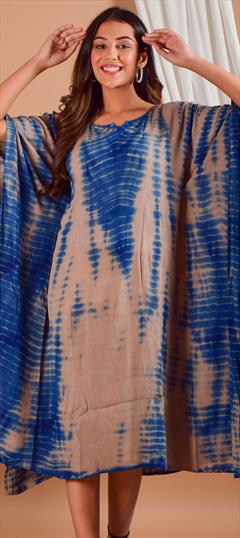 Beige and Brown, Blue color Kaftan in Rayon fabric with Printed, Tye n Dye work : 1792750