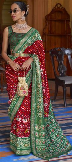 Bridal, Traditional, Wedding Green, Red and Maroon color Saree in Patola Silk, Silk fabric with South Printed work : 1792802
