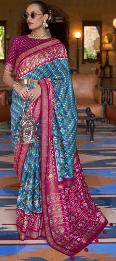 Traditional, Wedding Blue, Pink and Majenta color Saree in Patola Silk, Silk fabric with South Printed work : 1792803